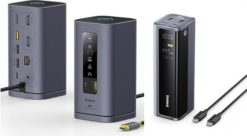 BASEUS 20800MAH 145W BANK POWER BANK BUNDLE مع محطة إرساء زميل في الفضاء (MAC) ، الشاشة الرقمية ، محطة إرساء USB C 3 مع 4K HDMI ، منافذ USB 10 جيجابت في الثانية ، 100 واط PD ، Gigabit Ethernet ، الصوت ، الصوت in Saudi Arabia