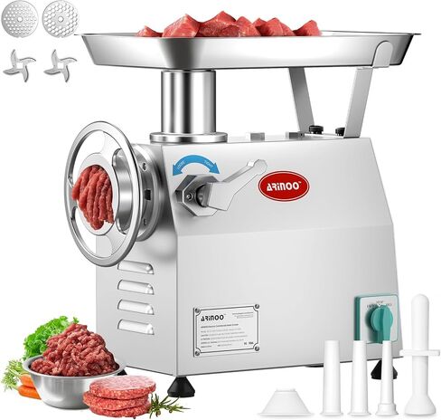 Electric Meat Grinder #8, 0.6 HP Heavy Duty Stainless Steel Meat Mincer, 1500W Max, Includes 2 Blades, 2 Plates & 3 Sausage Stuffing Tubes, Meat Grinder for Home Kitchen & Restaurant Use in Kuwait