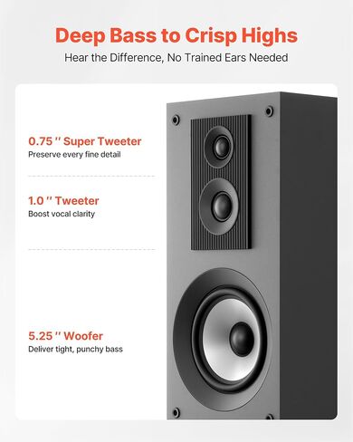 VEVOR Floorstanding Speakers Pair, 3-Way, Floor-Standing Tower Speakers with 0.75 in & 1 in Tweeter, Dual 5.25 in Woofers, 145W Peak Power, 70Hz–20kHz Frequency Response, MDF Enclosure, for Home Audio in Saudi Arabia