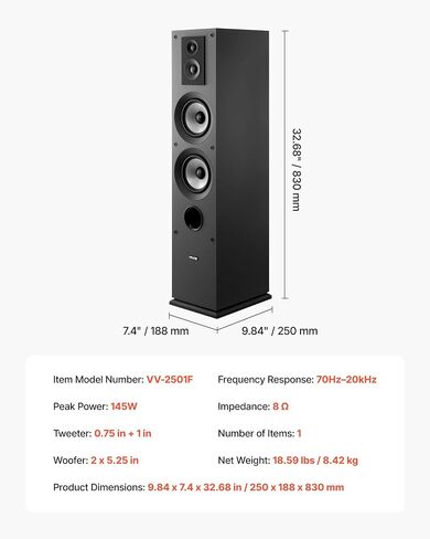 VEVOR Floorstanding Speakers Pair, 3-Way, Floor-Standing Tower Speakers with 0.75 in & 1 in Tweeter, Dual 5.25 in Woofers, 145W Peak Power, 70Hz–20kHz Frequency Response, MDF Enclosure, for Home Audio in Saudi Arabia