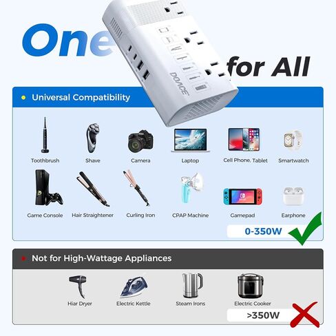 محول Doace 220V إلى 110 فولت للسفر الأوروبي - 350W محول الجهد لنا إلى أوروبا مع 4 أجهزة شحن QC+PD لاستخدام الأجهزة الأمريكية في الخارج - Hairyener Shaver Tootbrush Camera Camera Camera Camera in Kuwait