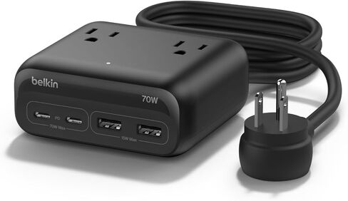 Belkin 3 -Otlet Gan Charging Station 70W ، Dual USB C Charger w/ 3x AC Outlets ، 2x USB A POTTRS - Power Strip for iPhone ، Apple Watch ، iPad ، MacBook ، Chromebook ، Samsung Galaxy ، Pixel 9 ، & More - Black - Black in Kuwait