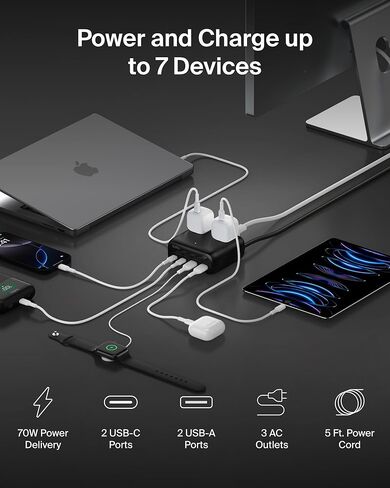 Belkin 3 -Otlet Gan Charging Station 70W ، Dual USB C Charger w/ 3x AC Outlets ، 2x USB A POTTRS - Power Strip for iPhone ، Apple Watch ، iPad ، MacBook ، Chromebook ، Samsung Galaxy ، Pixel 9 ، & More - Black - Black in Kuwait