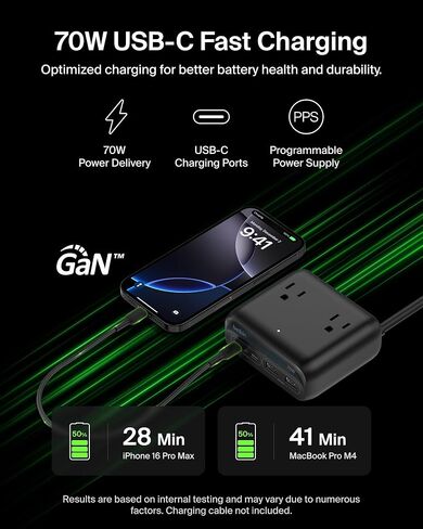 Belkin 3 -Otlet Gan Charging Station 70W ، Dual USB C Charger w/ 3x AC Outlets ، 2x USB A POTTRS - Power Strip for iPhone ، Apple Watch ، iPad ، MacBook ، Chromebook ، Samsung Galaxy ، Pixel 9 ، & More - Black - Black in Kuwait