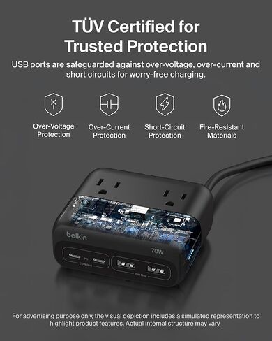 Belkin 3 -Otlet Gan Charging Station 70W ، Dual USB C Charger w/ 3x AC Outlets ، 2x USB A POTTRS - Power Strip for iPhone ، Apple Watch ، iPad ، MacBook ، Chromebook ، Samsung Galaxy ، Pixel 9 ، & More - Black - Black in Kuwait