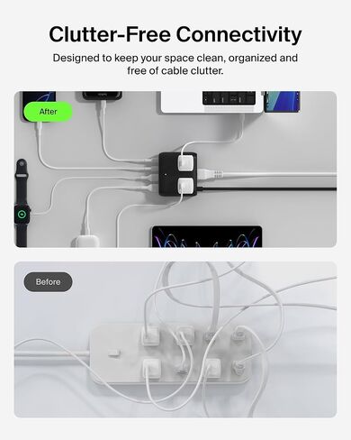 Belkin 3 -Otlet Gan Charging Station 70W ، Dual USB C Charger w/ 3x AC Outlets ، 2x USB A POTTRS - Power Strip for iPhone ، Apple Watch ، iPad ، MacBook ، Chromebook ، Samsung Galaxy ، Pixel 9 ، & More - Black - Black in Kuwait