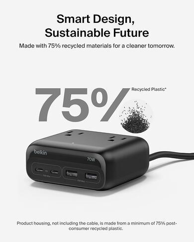 Belkin 3 -Otlet Gan Charging Station 70W ، Dual USB C Charger w/ 3x AC Outlets ، 2x USB A POTTRS - Power Strip for iPhone ، Apple Watch ، iPad ، MacBook ، Chromebook ، Samsung Galaxy ، Pixel 9 ، & More - Black - Black in Kuwait