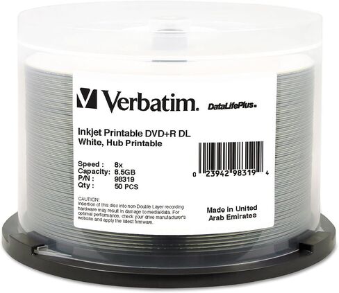 Verbatim 98319 DVD+R Dust Dual Layer Discable ، 8.5 جيجابايت ، 8x ، قابلة للطباعة ، المغزل ، 50/pk in Saudi Arabia