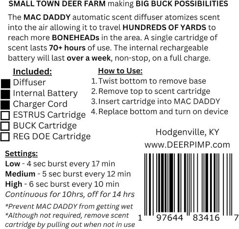 MAC Daddy Trifecta Real Deer Urine Diffuser with (3) Urine Cartridges: ESTRUS, Dominant Buck, and Regular Doe, 100 Hr Run Time Internal Rechargeable Battery, 210+ Hours of Hunting Time in Saudi Arabia