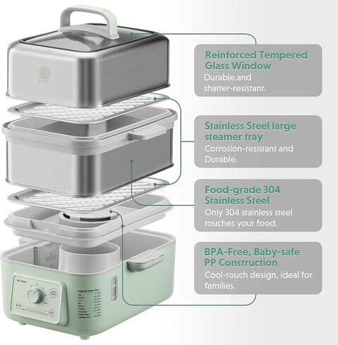 BUYDEEM G52 10.6 Quart 2-Tier Electric Food Steamer for 4-8 Servings, Vegetable Steamer for Cooking, 2-hour Auto Keep Warm, 7 Preset Timings, Dual Boil-Dry Protection, Stainless Steel, Cozy Greenish in Saudi Arabia