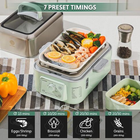 BUYDEEM G52 10.6 Quart 2-Tier Electric Food Steamer for 4-8 Servings, Vegetable Steamer for Cooking, 2-hour Auto Keep Warm, 7 Preset Timings, Dual Boil-Dry Protection, Stainless Steel, Cozy Greenish in Saudi Arabia
