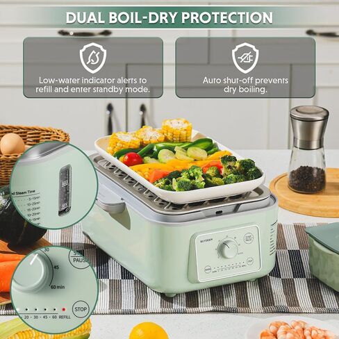 BUYDEEM G52 10.6 Quart 2-Tier Electric Food Steamer for 4-8 Servings, Vegetable Steamer for Cooking, 2-hour Auto Keep Warm, 7 Preset Timings, Dual Boil-Dry Protection, Stainless Steel, Cozy Greenish in Saudi Arabia