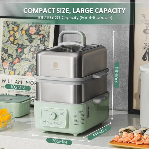 BUYDEEM G52 10.6 Quart 2-Tier Electric Food Steamer for 4-8 Servings, Vegetable Steamer for Cooking, 2-hour Auto Keep Warm, 7 Preset Timings, Dual Boil-Dry Protection, Stainless Steel, Cozy Greenish in Saudi Arabia