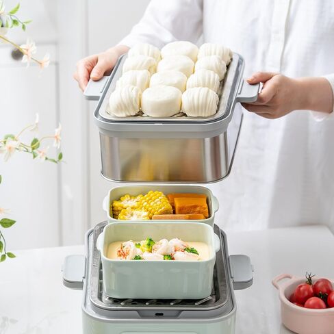 BUYDEEM G52 10.6 Quart 2-Tier Electric Food Steamer for 4-8 Servings, Vegetable Steamer for Cooking, 2-hour Auto Keep Warm, 7 Preset Timings, Dual Boil-Dry Protection, Stainless Steel, Cozy Greenish in Saudi Arabia