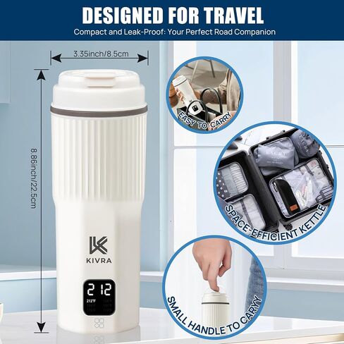 Kivra Travel Kettle-316 غلاية محمولة من الفولاذ المقاوم للصدأ ، غلاية مائية محمولة 450 مل مع 6 درجة حرارة تحكم في درجة الحرارة ، مغلق السيارات والحماية الجافة ، غلاية كهربائية صغيرة للاستخدام العالمي (100-240 فولت) in Kuwait