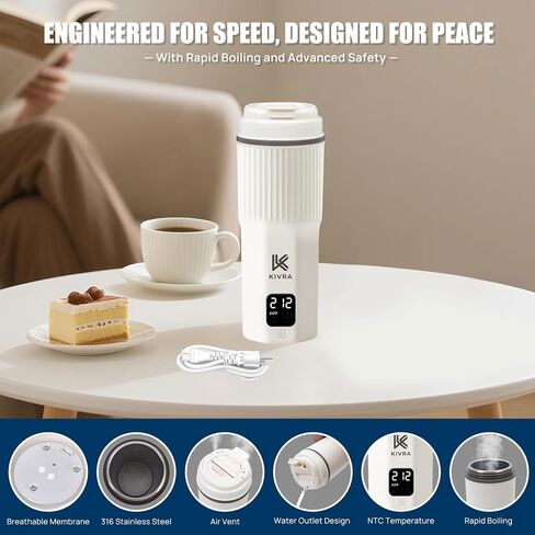Kivra Travel Kettle-316 غلاية محمولة من الفولاذ المقاوم للصدأ ، غلاية مائية محمولة 450 مل مع 6 درجة حرارة تحكم في درجة الحرارة ، مغلق السيارات والحماية الجافة ، غلاية كهربائية صغيرة للاستخدام العالمي (100-240 فولت) in Kuwait
