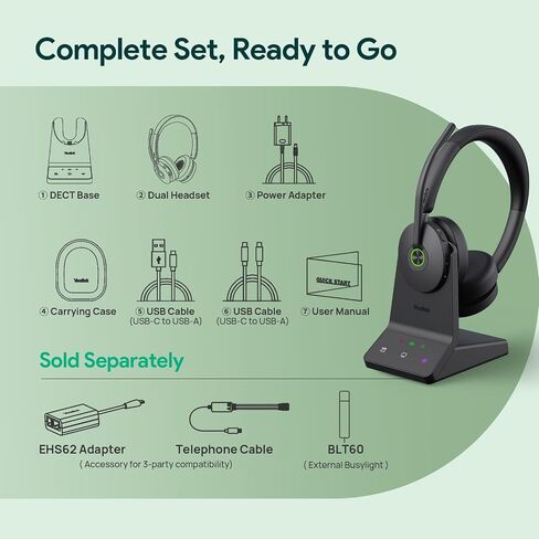 Yealink WH68 ANC DECT&Bluetooth Wireless Headset, 606ft Long Rang 96% Active Noise Cancellation Dual Ear Zoom,UC Headphones with 6X Mic,32H Call,Work Stereo Headsets(PC,Cellphone,Laptop) in Saudi Arabia