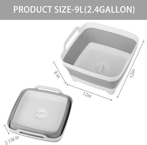 Dishpan for Washing Dishes, 2.4Gal/9L Wash Basin with Draining Plug Carry Handles, Collapsible Bucket for Cleaning, Portable Sink, Foldable Plastic Tub in Saudi Arabia