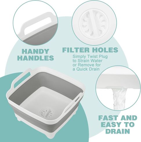 Dishpan for Washing Dishes, 2.4Gal/9L Wash Basin with Draining Plug Carry Handles, Collapsible Bucket for Cleaning, Portable Sink, Foldable Plastic Tub in Saudi Arabia