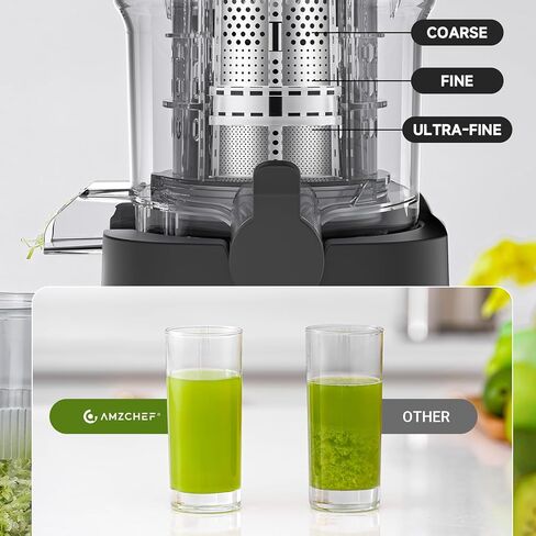 AMZCHEF Cold Press Juicer, 5.4" Juicer Machines with Large Feed Chute for Whole Fruits & Vegetables, Stainless Steel Juice Extractor with Large Auger, Triple Strainers, Easy Cleanup & Assembly in Kuwait