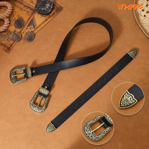 WHIPPY Vintage Western Leather Belt for Women Double Buckle Retro Cowgirl Waist Belts for Jeans Pants and Dresses Black in Kuwait