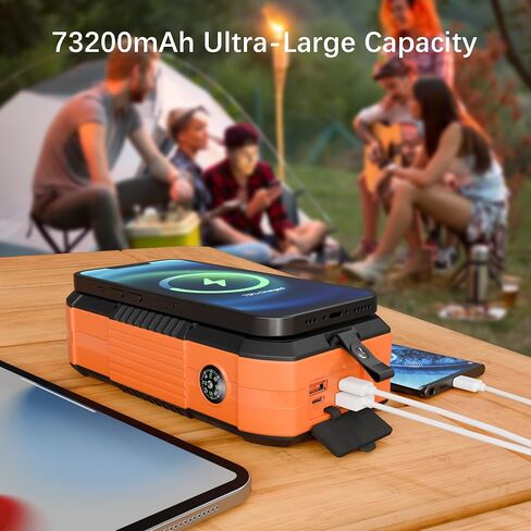 شاحن الطاقة الشمسية اللاسلكية بنك الطاقة 73200mAh تم إنشاؤه في 2 كابلات وكرنك يدوي ، والشاحن المحمول 22.5W شاحن سريع 6 مخرجات و 4 مدخلات حزمة بطارية خارجية مع مصباح يدوي مشرق و Compass in Saudi Arabia
