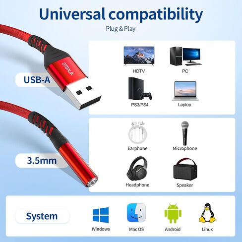 USB to 3.5mm Jack Audio Adapter (2-Pack), External Sound Card Converter，STSAUX USB-A to 3.5mm TRRS 4-Pole Mic Female with PC Windows, Laptop, Mac, Desktops, Linux, Plug and Play No Drivers Needed in Saudi Arabia
