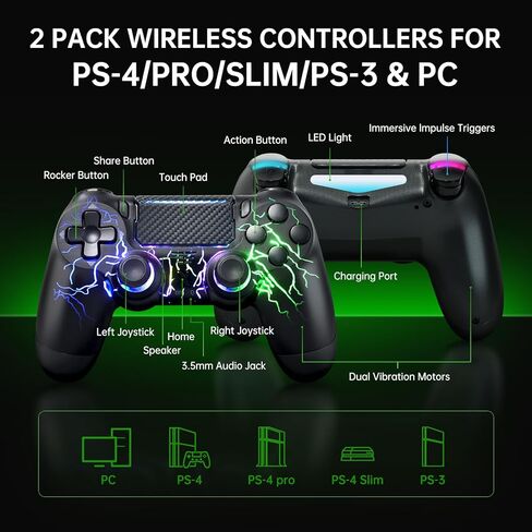 MONE Wireless Controller لـ PS4/PS4 Pro/PS4 Slim & PC - أسود - خلفية RGB Lightning Pattern Illumination ، Hall Effect Howstick ، ​​6 - Axis Gyro ، Type - C ، Touch Pad - مثالي لعشاق الألعاب in Kuwait