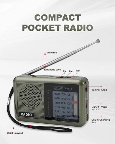 3 Band Mini Pocket Radio with Rechargeable Battery, Portable FM AM Shortwave Radios, Type C Charging Transistor SW Radio with 3.5mm Earphone Jack for Elderly Kids in Saudi Arabia
