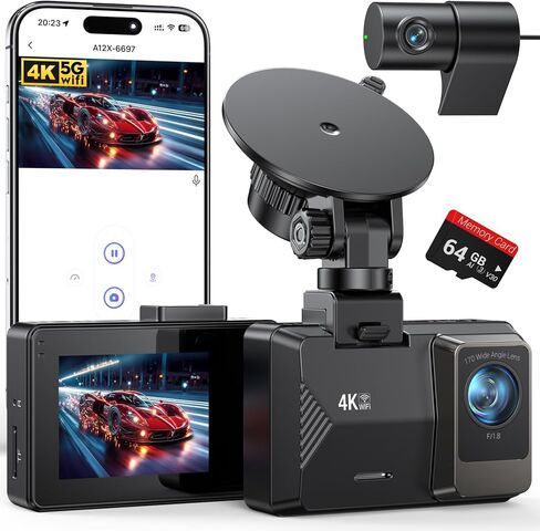 Dash Cam Front Rear, 4K/1080P Dual Channel Dash Cams with 64GB Card, Dash Camera for Cars with 5GHz WiFi, APP Control,2.0" IPS Screen,Night Vision,G-Sensor,170°Wide Angle,Parking Mode,Loop Recording in Saudi Arabia