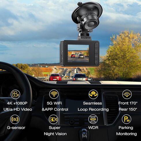 Dash Cam Front Rear, 4K/1080P Dual Channel Dash Cams with 64GB Card, Dash Camera for Cars with 5GHz WiFi, APP Control,2.0" IPS Screen,Night Vision,G-Sensor,170°Wide Angle,Parking Mode,Loop Recording in Saudi Arabia