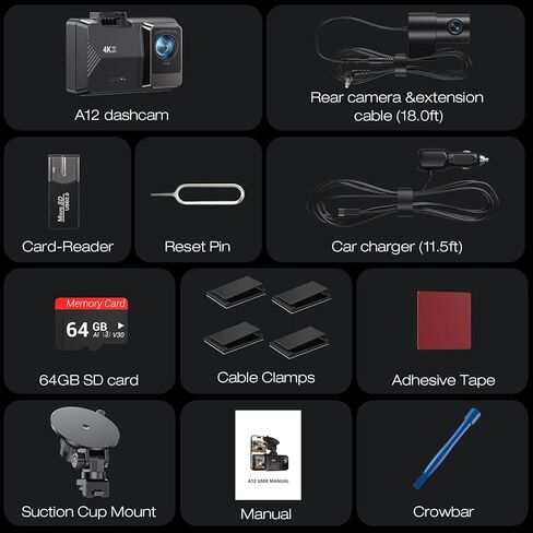 Dash Cam Front Rear, 4K/1080P Dual Channel Dash Cams with 64GB Card, Dash Camera for Cars with 5GHz WiFi, APP Control,2.0" IPS Screen,Night Vision,G-Sensor,170°Wide Angle,Parking Mode,Loop Recording in Saudi Arabia