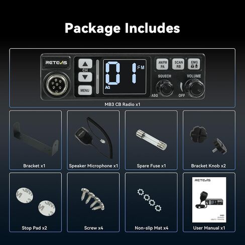 Retevis MB3 40-Channel AM/FM CB Radio Kit with Antenna, Full Set of Fixed-Mount Kit,ANL Noise Reduction, Emergency Channel 9/19, PA & VOX, Auto-Scan,External Speaker Jack,for Trucker Essentials in Saudi Arabia