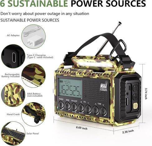 Emergency Weather Radio, 5 Ways Powered Crank Solar Radio, Portable AM/FM/SW/NOAA Weather Radio Battery Operated with Cellphone Charger, Camping Flashlight, Reading Lamp, SOS Alarm for Home Outdoor in Saudi Arabia