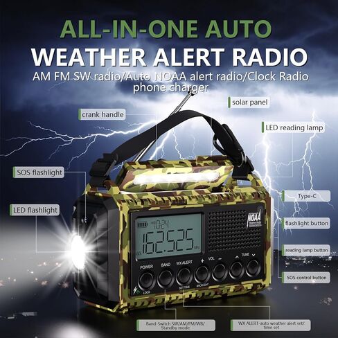 Emergency Weather Radio, 5 Ways Powered Crank Solar Radio, Portable AM/FM/SW/NOAA Weather Radio Battery Operated with Cellphone Charger, Camping Flashlight, Reading Lamp, SOS Alarm for Home Outdoor in Saudi Arabia
