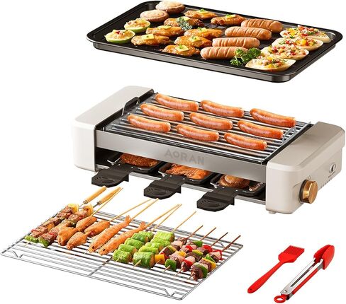 AORAN Electric Indoor Grill Smokeless, 800W Countertop Grill with Removable Non-Stick Cooking Plates & Hot Dog Rack, Easy to Clean, 13.4x8.3 Inch for BBQ, Panini, Meat, Vegetables​ in Kuwait