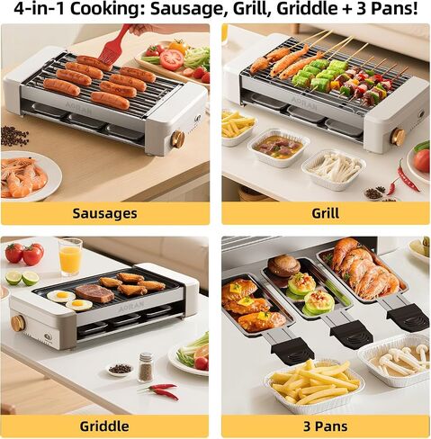 AORAN Electric Indoor Grill Smokeless, 800W Countertop Grill with Removable Non-Stick Cooking Plates & Hot Dog Rack, Easy to Clean, 13.4x8.3 Inch for BBQ, Panini, Meat, Vegetables​ in Kuwait