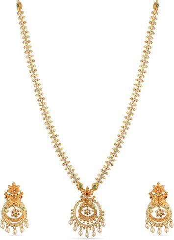 TARINIKA Antique Gold Plated Dara Long Necklace Set with Floral Design - Indian Jewelry Sets for Women | Perfect for Ethnic Occasions | Traditional Indian Jewelry set | 1 Year Warranty* in Kuwait