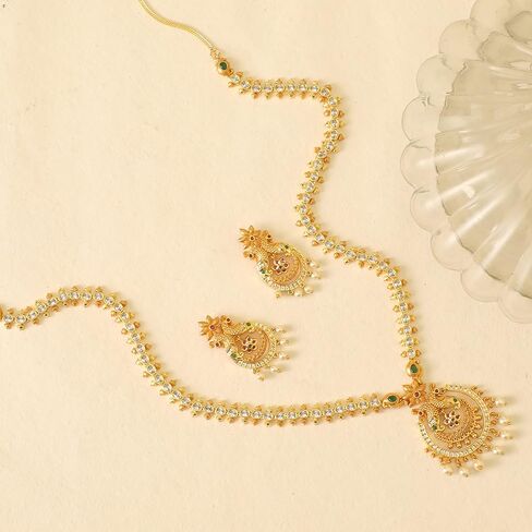 TARINIKA Antique Gold Plated Dara Long Necklace Set with Floral Design - Indian Jewelry Sets for Women | Perfect for Ethnic Occasions | Traditional Indian Jewelry set | 1 Year Warranty* in Kuwait