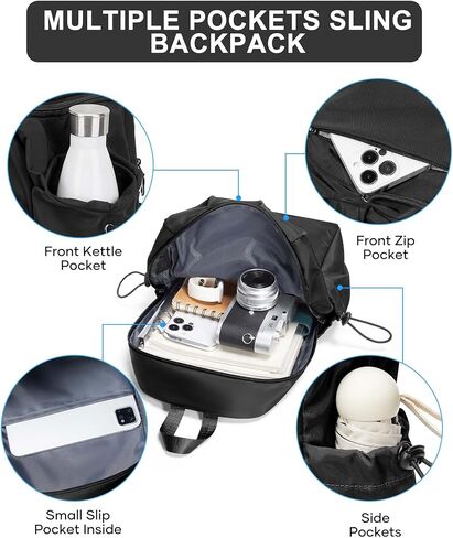 Black Sling Crossbody Bag for Men Women, Tactical Backpack Shoulder Daypack Mini Anti-Theft Cross Body Motorcycle Chest Bags, Small One Strap Fanny Back Pack for Casual Travel Hiking Sport Gym in Kuwait