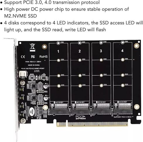 4-Port NVME إلى بطاقة توسيع PCIE X16 ، محول M.2 NVME ، يدعم 2230-2280 ، 4 × 32 جيجابت في الثانية in Kuwait