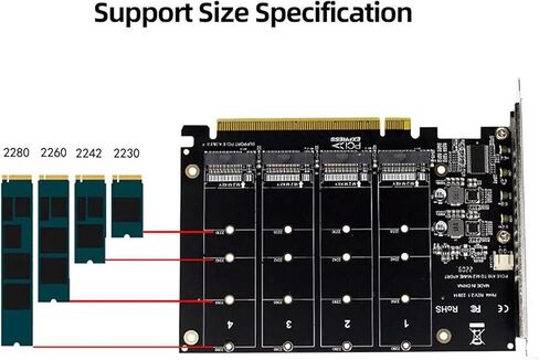 4-Port NVME إلى بطاقة توسيع PCIE X16 ، محول M.2 NVME ، يدعم 2230-2280 ، 4 × 32 جيجابت في الثانية in Kuwait