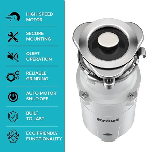 KRAUS WasteGuard 3/4 HP Continuous Feed Garbage Disposal with Ultra-Quiet Motor for Kitchen Sink with Power Cord and Flange Included, KWD211-75MCG in Saudi Arabia