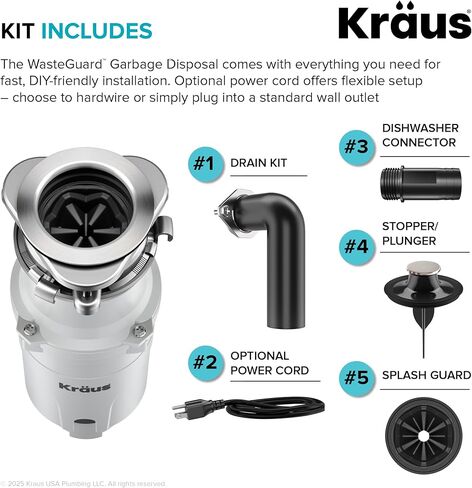 KRAUS WasteGuard 3/4 HP Continuous Feed Garbage Disposal with Ultra-Quiet Motor for Kitchen Sink with Power Cord and Flange Included, KWD211-75MCG in Saudi Arabia