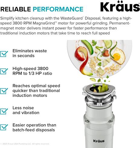 KRAUS WasteGuard 3/4 HP Continuous Feed Garbage Disposal with Ultra-Quiet Motor for Kitchen Sink with Power Cord and Flange Included, KWD211-75MCG in Saudi Arabia