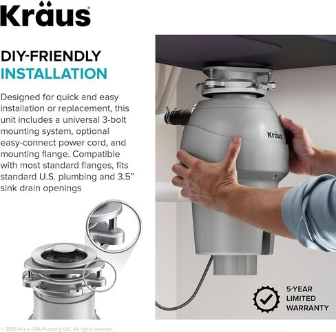 KRAUS WasteGuard 3/4 HP Continuous Feed Garbage Disposal with Ultra-Quiet Motor for Kitchen Sink with Power Cord and Flange Included, KWD211-75MCG in Saudi Arabia