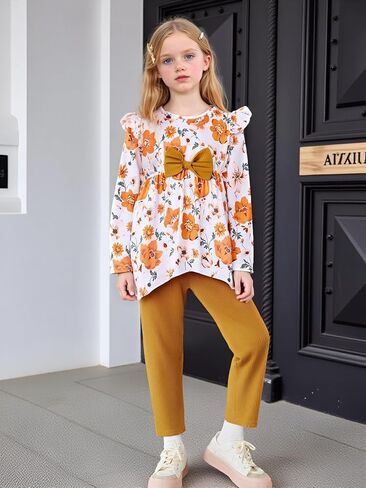 Yoxindax Toddler Kid Girl Clothes Ruffle Sleeve High Low Top Floral Allover Pants Fall Winter Outfit Set in Kuwait