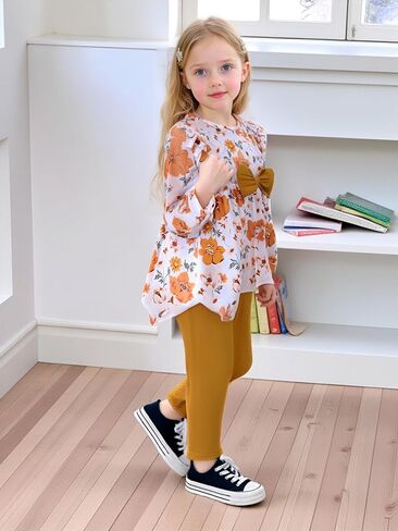 Yoxindax Toddler Kid Girl Clothes Ruffle Sleeve High Low Top Floral Allover Pants Fall Winter Outfit Set in Kuwait