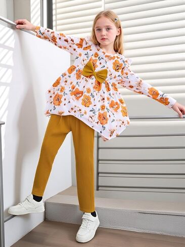 Yoxindax Toddler Kid Girl Clothes Ruffle Sleeve High Low Top Floral Allover Pants Fall Winter Outfit Set in Kuwait