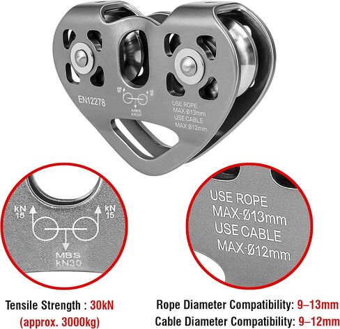 Double Zip Line Pulley Trolley, 30kN 6700LBS Tandem Dual Speed Pulleys for 1/4 5/16 3/8 1/2 Rope, Heavy Duty Accessories and Parts for Rescue, Climbing, Hauling, Backyard, Mountaineering, Rigging in Saudi Arabia